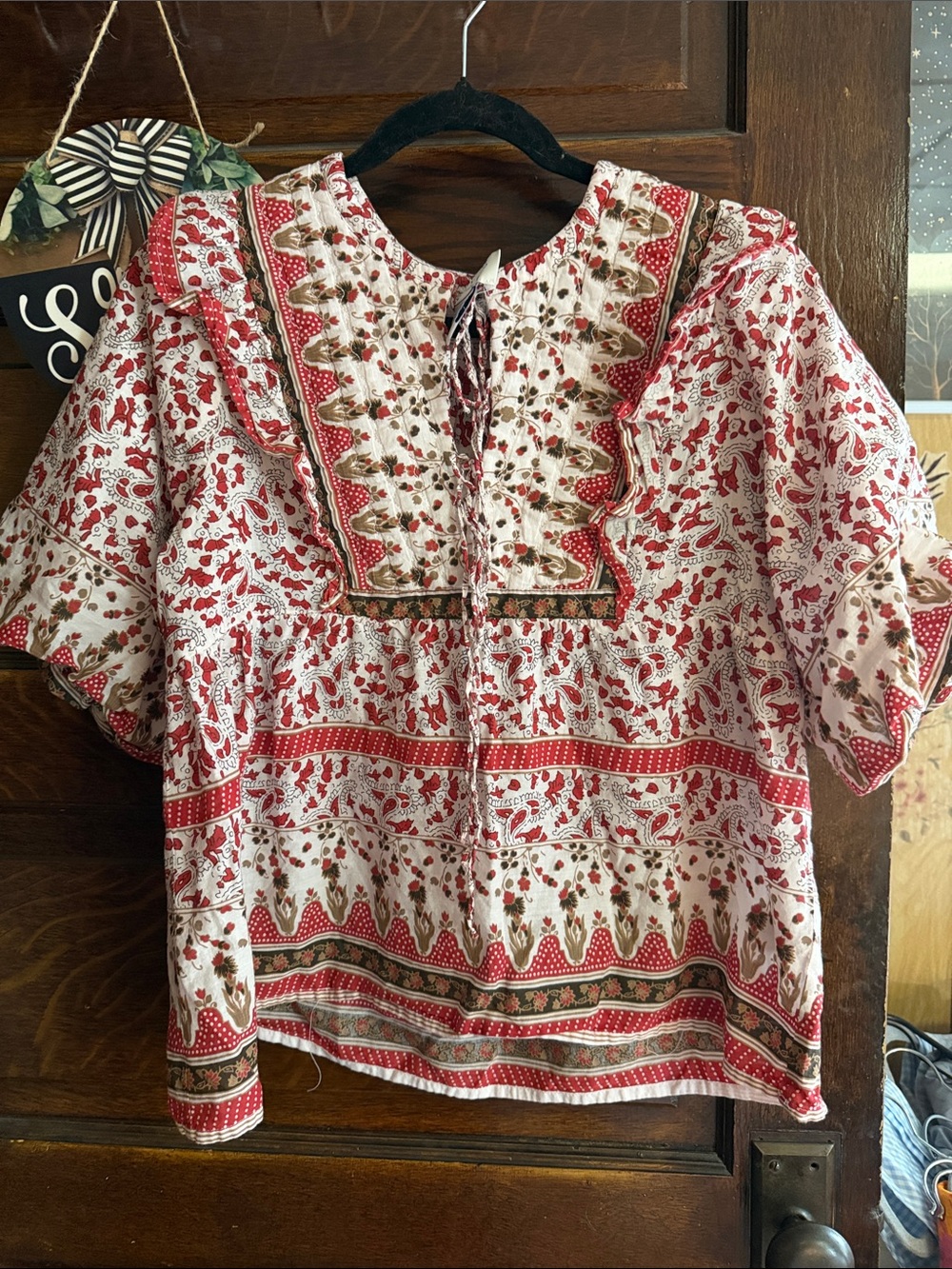 Calypso St. Barth Red and White Floral Peasant Blouse